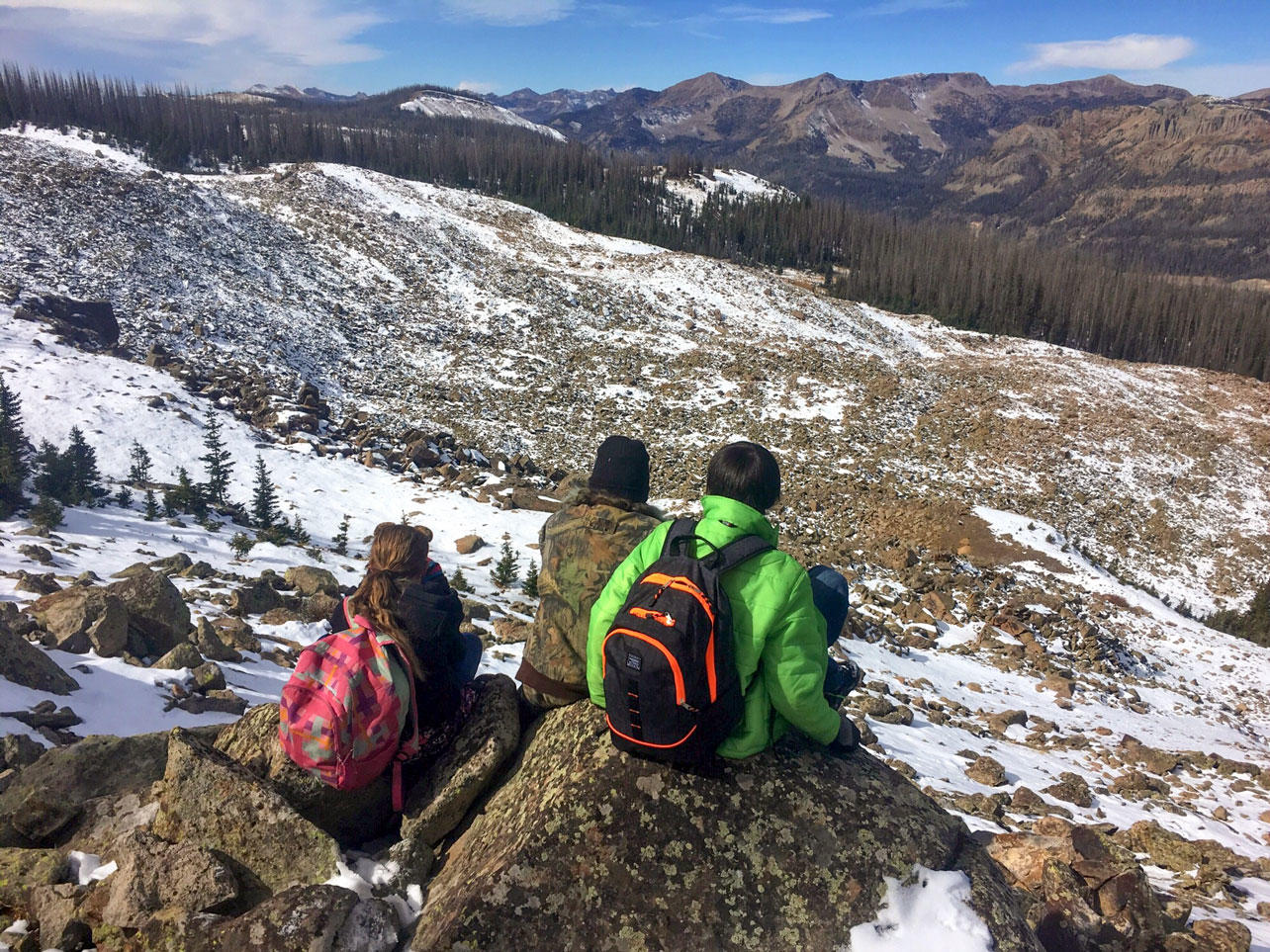 Pagosa Peak Open School students monitoring pikas in San Juan National Forest, Colorado.