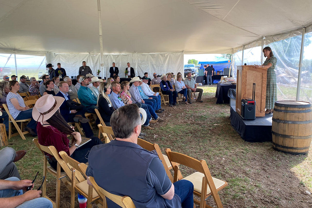 People sit under a tent listening to a woman at a podium.