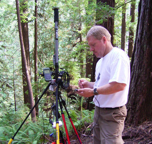 A man stands in a forest next to survey equipment