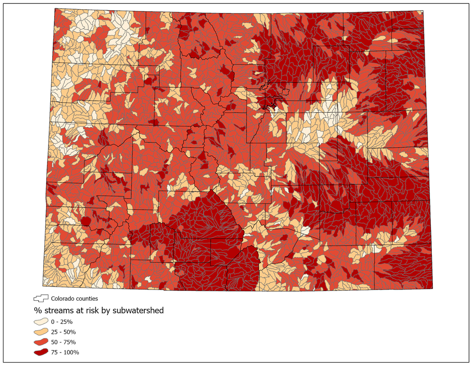 A map showing yellow and red blotches over Colorado, with very red areas in south and east Colorado.