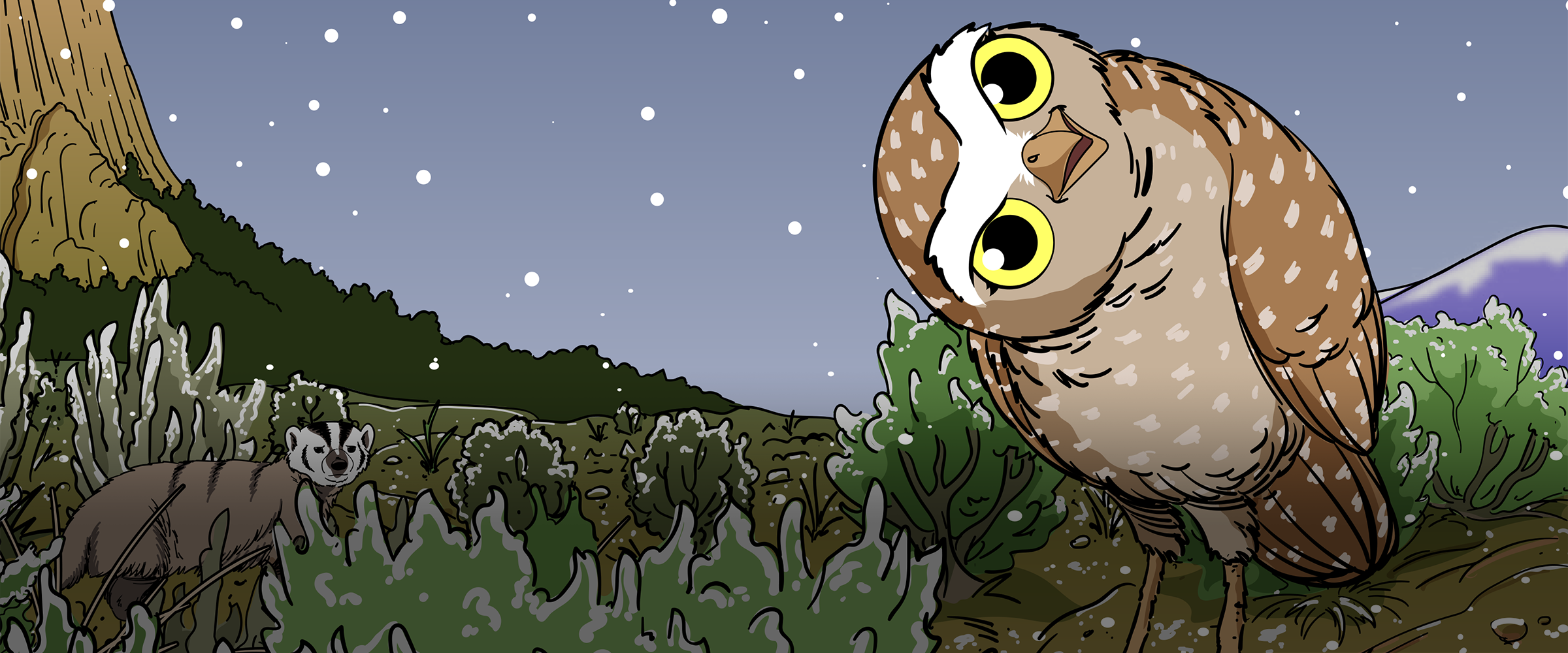 An illustration of a Burrowing Owl in the sagebrush steppe with snow falling and a badger in the background.