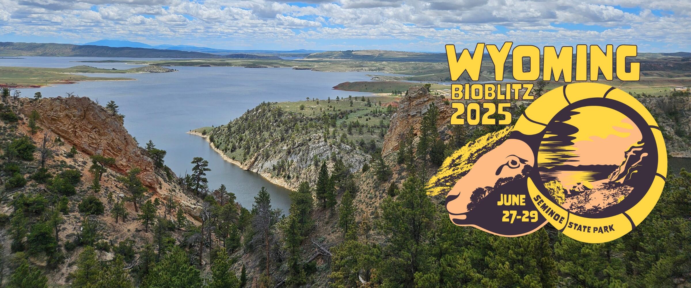 A landscape photograph of Seminoe State Park. The 2025 Wyoming BioBlitz logo is on the photo.