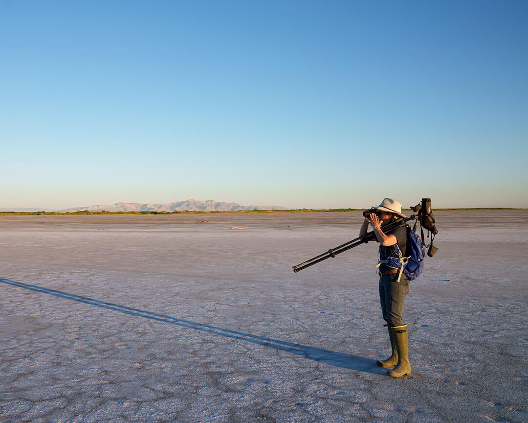 A woman looks through binoculars while standing in a large mudflat.