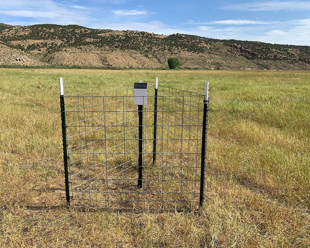 A soil sensor on a post surrounded by cattle fencing in a pasture.